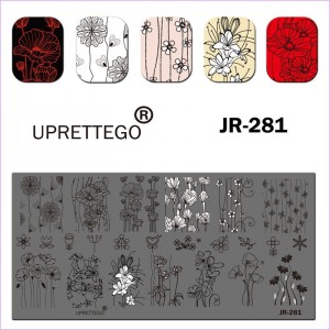 Пластина для друку на нігтях JR-281, стемпінг пластина, ніжні квіти, маки, маленькі квіточки з лініями, тюльпан, лілія