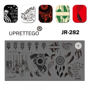 Пластина для друку на нігтях JR-282, пір'я, ловець снів, мандала, орнамент, візерунок, птахи, оригінальні написи