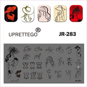 Пластина для печати на ногтях JR-283, девушка, дама в шляпе, корсет, фигура, силуэт, оригинальные шляпки