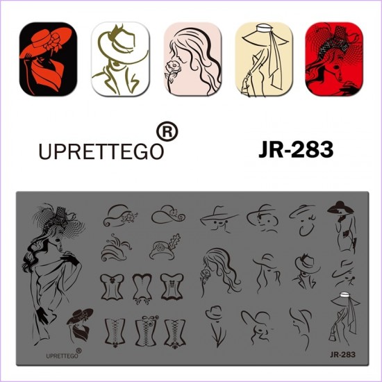 Пластина для печати на ногтях JR-283, девушка, дама в шляпе, корсет, фигура, силуэт, оригинальные шляпки