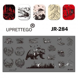 Пластина для печати на ногтях JR-284, горы, медведь, зима, снег, птицы, деревья, природа