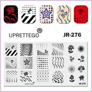 Пластина для печати на ногтях JR-276, абстракция, точки, кривые линии, цветы, звезда
