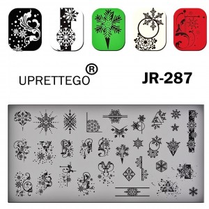 JR-287 Placa de impresión de uñas Copo de nieve Estampado de uñas Patrón de esquina Monogramas Adornos Líneas Triángulos