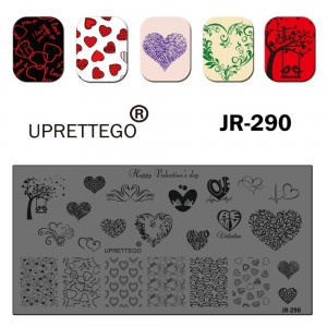 Пластина для печати на ногтях JR-290, сердца, орнаменты, вензеля, узоры, любовь, качеля, влюбленные лебеди, птицы