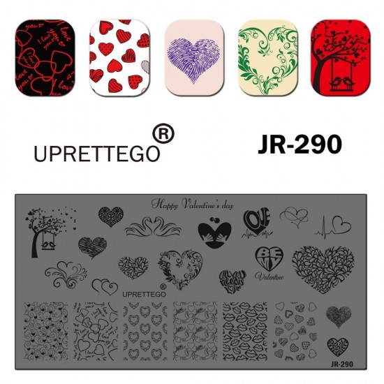 Пластина для друку на нігтях JR-290, серця, орнаменти, вензелі, візерунки, кохання, гойдалки, закохані лебеді, птахи