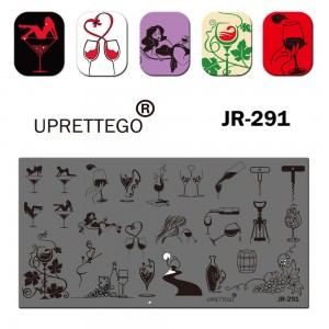 Пластина для печати на ногтях JR-291, мартини, бокал, штопор, бочка, виноград, вино, бутылка, сексуальная девушка