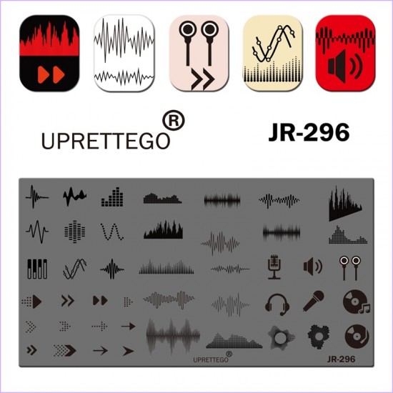 Пластина для печати на ногтях JR-296, музыка, наушники, пластинка, звук, громкость, стемпинг пластина
