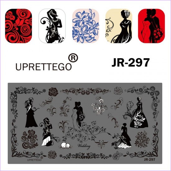 Пластина для печати на ногтях JR-297, свадьба, любовь, вензеля, узоры. невеста, цветы, букет, кольца