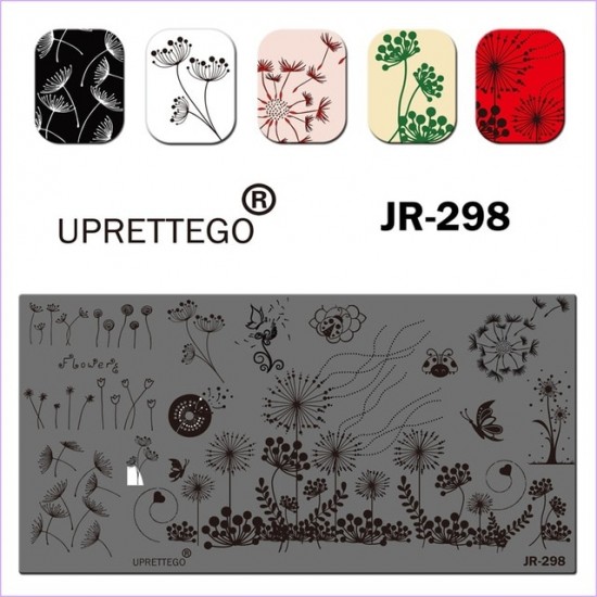 Пластина для печати на ногтях JR-298, одуванчики, цветы, бабочки, божья коровка, пластина для стемпинга