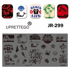 Пластина для печати на ногтях JR-299, море, пляж, вьетнамки, пальма, русалка, ракушка, песок, краб, морская звезда