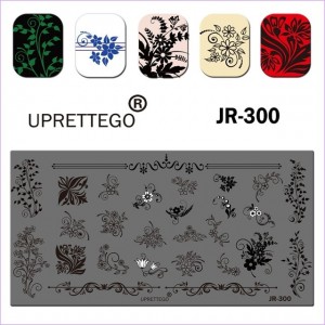 Platte zum Bedrucken von Nägeln JR-300, zarte Blumen, florale Ornamente, Monogramme, Muster, Linien