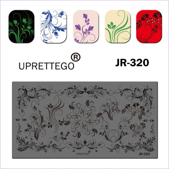 Пластина для печати на ногтях JR-320, нежные вензеля, растительные орнаменты. цветочки, листья, стемпинг пластина
