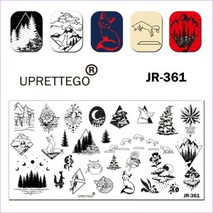 Пластина для друку на нігтях JR-361, ялинки, гори, місяць, лисиця, вовк, дерево, стемпінг пластина