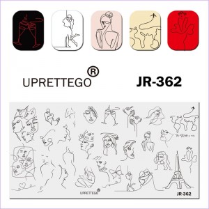 Пластина для печати на ногтях JR-362, бокал, Эйфелевая башня, бабочки, силуэт, лицо, фигура, влюбленные
