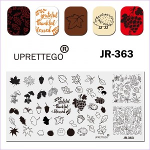 JR-363 Placa de impresión de arte de uñas de otoño Bellota Calabaza Seta Hojas Uvas Erizo Patrón de otoño