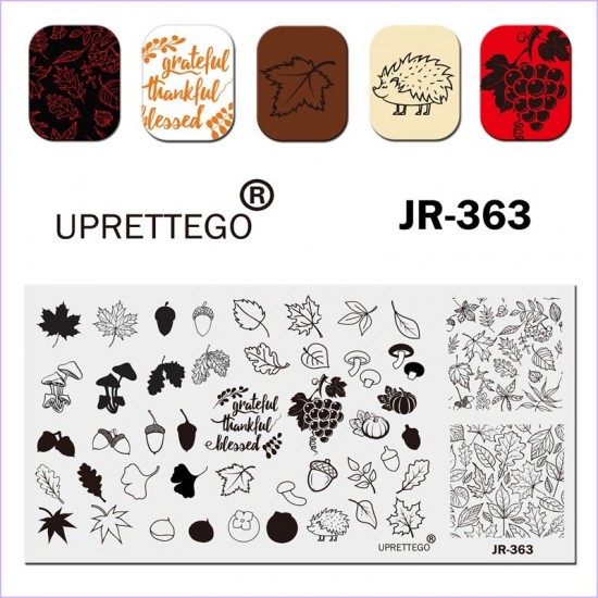 Пластина для печати на ногтях JR-363, осень, жолуди, тыква, грибы, листья, виноград, ежик, осенний узор