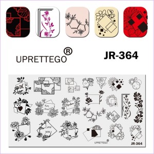Пластина для друку на нігтях JR-364, рамки, ніжні квіточки, квадрати, круги, трикутники, стемпінг пластина