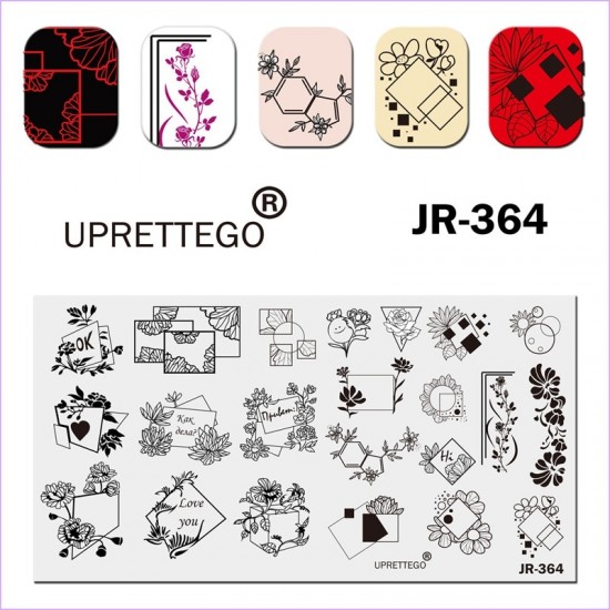 Пластина для печати на ногтях JR-364, рамки, нежные цветочки, квадраты, круги, треугольники, стемпинг пластина