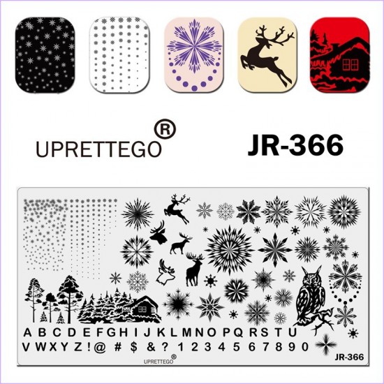Пластина для печати на ногтях JR-366, зима, буквы, цыфры, дом в лесу, елки, снежинки, снег, олень, сова