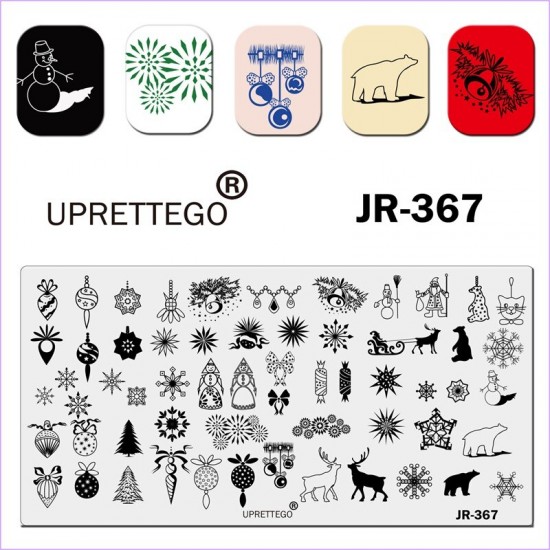 Пластина для печати на ногтях JR-367, Новый год, сани, колокольчик, конфета, снегурочка, снежинки, игрушки на елку, снеговик, дед мороз, белый медведь