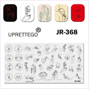 Пластина для друку на нігтях JR-368, руки, силует, обличчя, губи, дитяча ніжка, квіти, метелик, гілка, серце, кохання