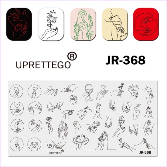 Пластина для печати на ногтях JR-368, руки, силуэт, лицо, губы, детская ножка, цветы, бабочка, ветка, сердце, любовь