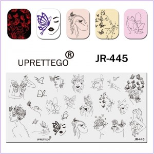 Пластина для друку на нігтях JR-445, тіло, метелики, обличчя, губи, силует, квітка на обличчі, стемпінг пластина
