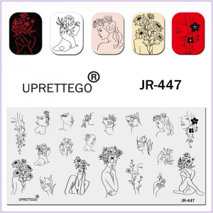 Пластина для друку на нігтях JR-447, жіночий силует, квіти на обличчі, губи, волосся, стемпінг на нігтях