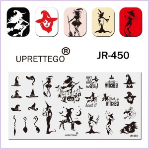 Пластина для печати на ногтях JR-450, стемпинг пластина, Хелоуин, паук, метла, ночь, кот, страх, шляпа, ведьма, тыква