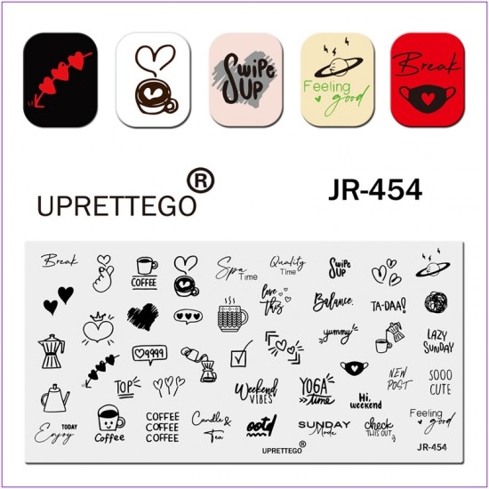Пластина для печати на ногтях JR-454, кофе, чай, чашка, планета, сердца, йога, рука, стемпинг пластина