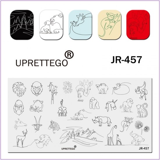 Пластина для печати на ногтях JR-457, африканские животные, лев, носорог, обезьяна, слон, жираф, горы, природа
