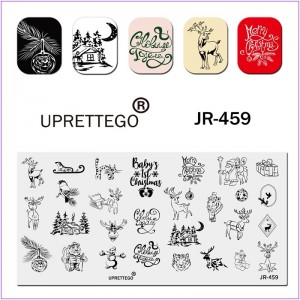 Пластина для печати на ногтях JR-459, зима, дом в лесу, елки, олени, снеговик, тигр, дед мороз, подарок