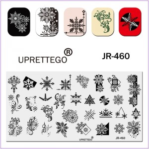 Plaat voor het bedrukken van nagels JR-460, stempelplaat, sneeuwvlokken, monogrammen, geometrie, patronen