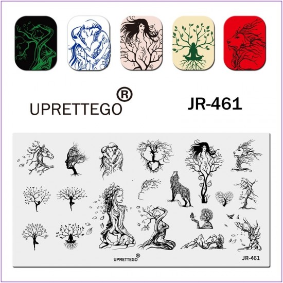 Пластина для печати на ногтях JR-461, любовь, дерево, пара, девушка, листья, сердце, волк, лев, лошадь
