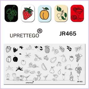 Пластина для печати на ногтях JR-465, фрукты, ягоды, кувшин, коктейли, бокал, мартини, виски, бутылка вина