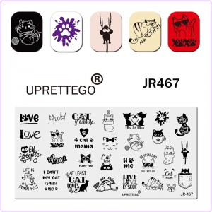 Plate for printing on nails JR-467, stamping plate, original inscriptions, mouse, cats, paws, blot, cake