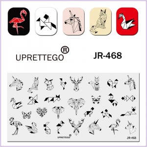 JR-468 Placa de impresión de uñas Origami Animales Pájaros Corazón Flamenco Unicornio Elefante Placa de estampado