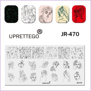 Пластина для печати на ногтях JR-470, силуэт, девушка, губы, цветы, кривые линии, листья, волосы