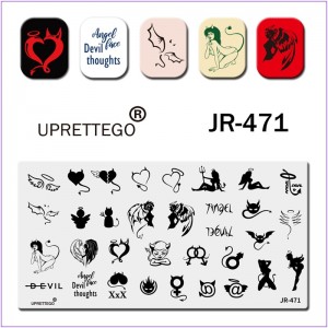 Пластина для друку на нігтях JR-471, кішка, сексуальна дівчина, серце стріла, крила, дівчина з рогами, кохання