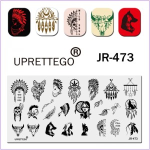 Пластина для друку на нігтях JR-473, амулет, ловець снів, пір'я, вігвам, коноплі, лев, лисиця, череп, стемпінг на нігтях