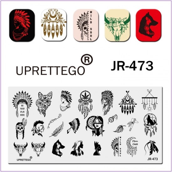 Пластина для печати на ногтях JR-473, амулет, ловец снов, перья, вигвам, конопля, лев, лисица, череп, стемпинг на ногтях