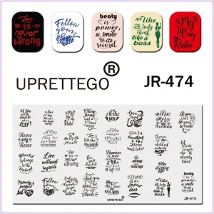 Пластина для печати на ногтях JR-474, девушка на каблуках, красивые фразы, сердце, губы, стрела, корона, стемпинг пластина