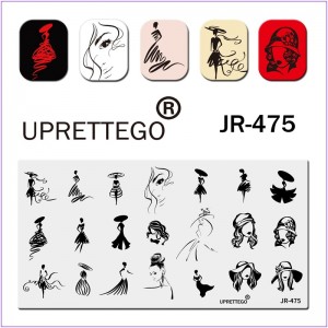 Пластина для печати на ногтях JR-475, элегантная дама, девушка, модель, платье, рисунок, шляпа, губы, женский силуэт
