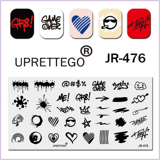 Пластина для печати на ногтях JR-476, смайл, сигарета, клякса, стрела, круги, абстракция, корона, звезда, конец игры