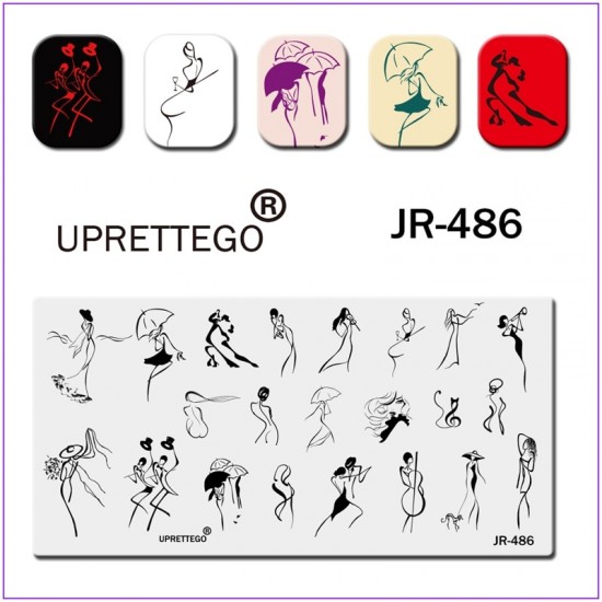 Пластина для печати на ногтях JR-486, девушка, кошка, труба, чайка, пластина для стемпинга, шляпа, скрипка, зонтик, бокал