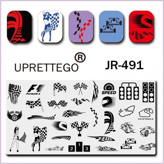 Пластина для печати на ногтях JR-491, светофор, гонка, кубок, девушка с флагом, колесо, трасса, машина, флаг, формула №1