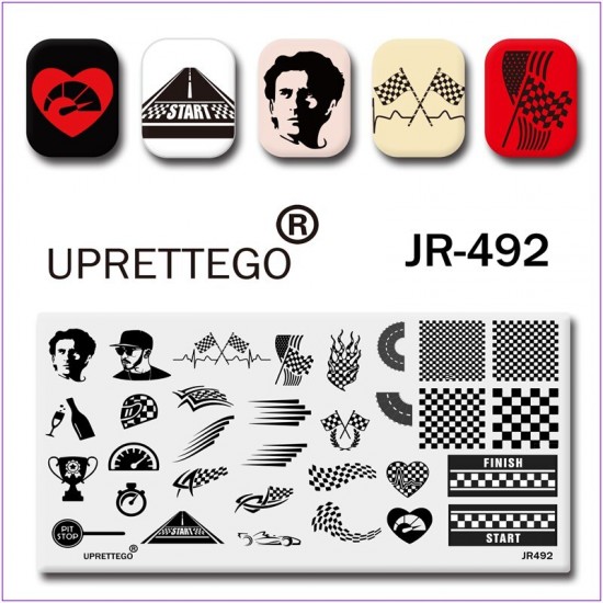 Пластина для печати на ногтях JR-492, трасса, гонка, квадраты, узор, мужчина, флаг, огонь, финиш, каска, спидометр, бокал, кубок