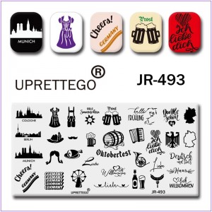 Пластина для печати на ногтях JR-493, платье, косички, город, усы, шляпа, пиво, бочка, баян, орел, бутылка 
