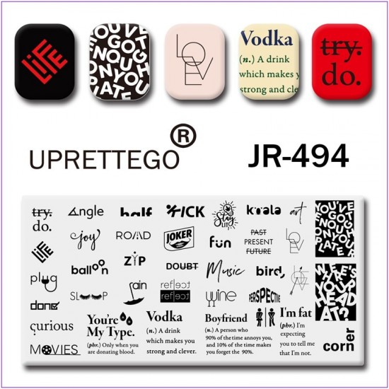 Пластина для печати на ногтях JR-494, разные фразы, музыка, ресницы, зонт, капли, женщина, мужчина, джокер, любовь, водка