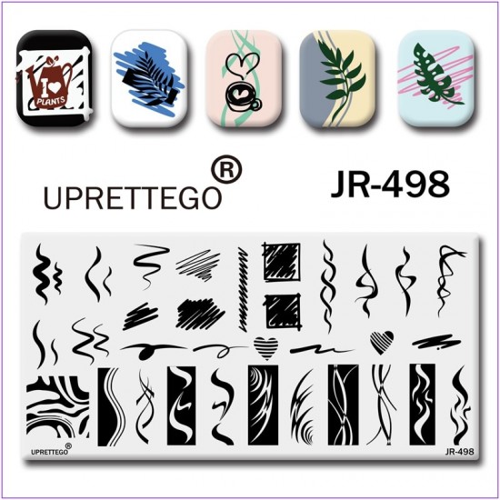 Пластина для печати на ногтях JR-498, линии, квадраты, сердца, кривые линии, огонь, чайник, стемпинг пластина